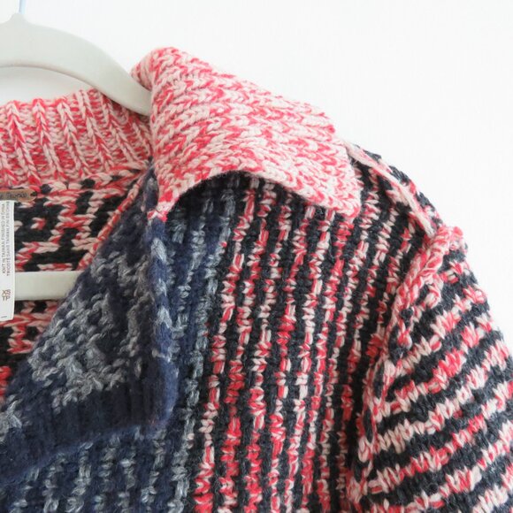 FREE PEOPLE Aztec Knit Wool Blend Open Back Cardigan Blue Red Boho - Size XS - Picture 4 of 12